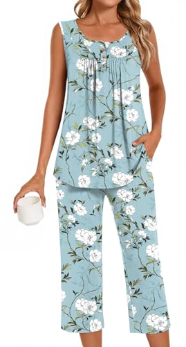 Image of Bestbee Women's Sleeveless Pajama Sets 2 Piece Sleepwear Summer Lounge Outfits Henley Tanks Capri Pants Ladies Pjs