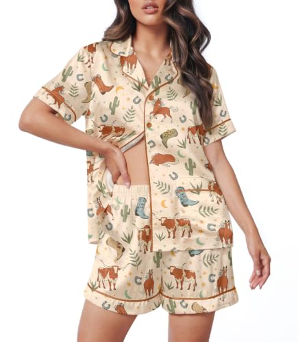 Image of HUNTFAMI Womens Soft Silky Satin Pajamas Set, 2 Pcs Sleep Short Pajamas for Mom and Grandma Button Down Summer Loungewear