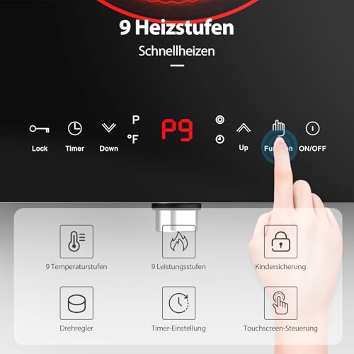 VBGK Glaskeramikkochfeld, 220V 3520W Herdplatte mit Drehknopfsteuerung, 9 Leistungsstufen, Kindersicherung & Timer, LED-Touchbedienung, Überhitzungsschutz 60cm Elektroherd mit 2 Kochzonen