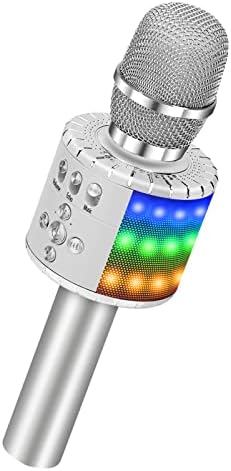 BONAOK Wireless Bluetooth Karaoke Microphone with Controllable LED Lights, 4-in-1 Portable Handheld Mic Speaker for All Smartphones, Birthday for Kids Adults All Age Q78 (Silver)
