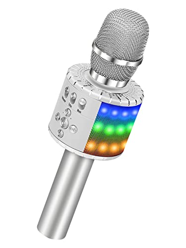 Bonaok Wireless Bluetooth Karaoke Microphone With Controllable Led Lights, 4-In-1 Portable Handheld Mic Speaker For All Smartphones, Birthday For Kids Adults All Age Q78 (Silver) #TOP6