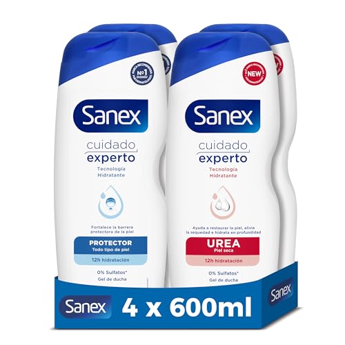 Sanex Duschgels – Packung mit 4 x 600 ml – 2 x Expertenpflege + 2 x Urea – mit feuchtigkeitsspendender Technologie – tiefe und dauerhafte Feuchtigkeit – stellt die Haut wieder her – lindert Sanex Duschgels – Packung mit 4 x 600 ml – 2 x Expertenpflege + 2 x Urea – mit feuchtigkeitsspendender Technologie – tiefe und dauerhafte Feuchtigkeit – stellt die Haut wieder her – lindert