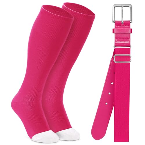 XZQTIVE Baseball Softball Socks and Baseball Softball Belt Combo Set Knee-High Soccer Socks for Kids Youth Adult Pink