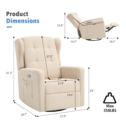 Image of Ketaiyou Power Swivel Rocking Recliner Chair, Electric Rocker Nursery Glider Chair, USB and Type-C Ports, Upholstered Teddy Fabric Reclining Single Sofa Chair for Living Room (Light Khaki)