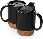 DOWAN Coffee Mugs Ensemble de 2, 15 OZ Coupe à café avec fond de liège et couvercle anti-splash, ensemble de tasse en céramique avec grande poignée pour les hommes, les femmes, pour café latte de thé, noir mat