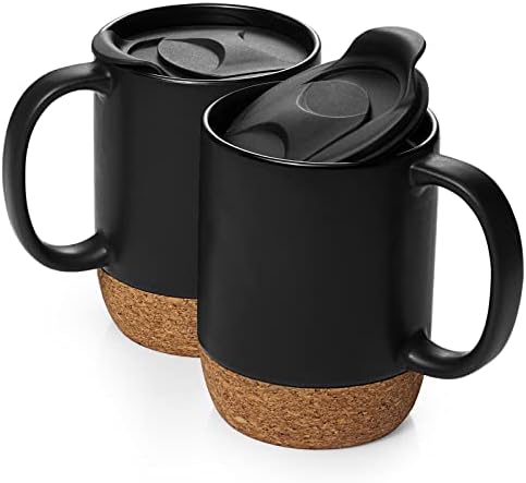 DOWAN Coffee Mugs Set of 2, 15 OZ Coffee Mug with Cork Bottom and Splash Proof Lid, Ceramic Mug with Large Handle for Men, Women, Hot Chocolate Mugs, Mugs Set for Coffee Tea Latte, Matte Black