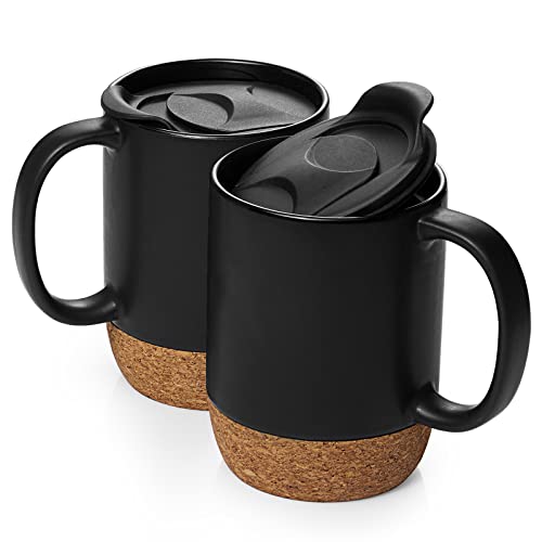 DOWAN Coffee Mugs Set of 2, 15 OZ Coffee Mug with Cork Bottom and Splash Proof Lid, Ceramic Mug with Large Handle for Men, Women, Hot Chocolate Mugs, Mugs Set for Coffee Tea Latte, Matte Black