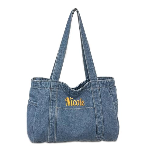 Bolso personalizado de mezclilla tipo hobo para mujer, bolso de jeans con nombre bordado, bolso de hombro y mano miniatura 1