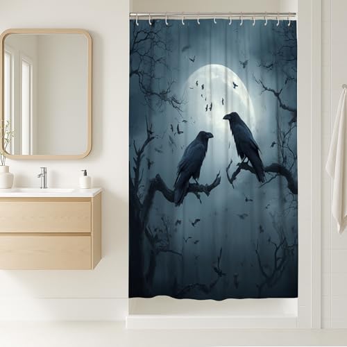 Gothic Crows Duschvorhang, dunkelschwarze Vögel, Halloween-Dekoration, gruselige Nacht, Mond, wasserdicht, Stoff-Duschvorhang mit Haken, 91,4 x 183,9 cm