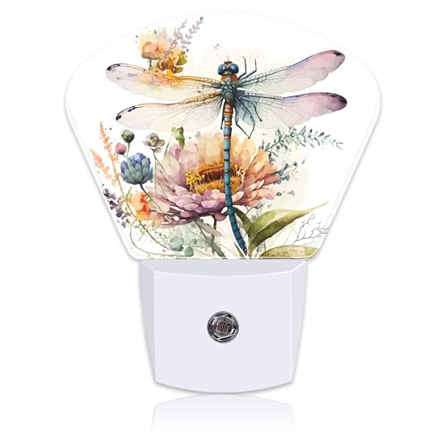 Image of Watercolor Dragonfly Night Light Plug into Wall, Flowers Night Light with Dusk to Dawn Sensor for Kid Girls Boys Women Men Bedroom, Hallway, Kitchen, Bathroom, Stairs Decor