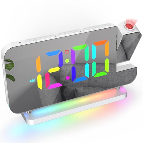 ThreeH Projection Alarm Clock LED RGB Colorful Clock with Mirror Surface Display Auto Dimming Voleme Adjustable Dual USB Charging Ports Night Light White