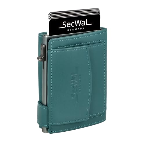 SecWal Kartenetui mit Münzfach Druckknopf inkl. Geschenkbox - Made in Germany - Echtleder Mini Geldbörse inkl. E-Book für Damen und Herren - RFID Schutz Geldbeutel klein (Türkis)
