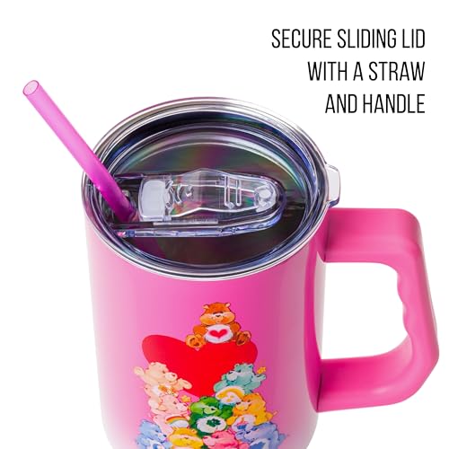 Image of Silver Buffalo Care Bears Watercolor Heart Ombre Double Walled Stainless Steel Tumbler with Handle and Straw, Fits in Standard Cup Holder, 40 Ounces