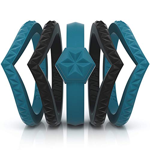 Rinfit Silicone Wedding Ring for Women Set of Thin & Stackable Rings. 5 Rings Pack. U.S. Patent Pending. Size 4-10 (Black, Dark Teal, 6)