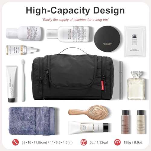 Image of Hanging Toiletry Bag for Men and Women - Water Resistant Nylon Travel Cosmetic Dopp Kit with Multiple Compartments for Toiletries, Grooming Essentials, Makeup and Shaving Gear, Black