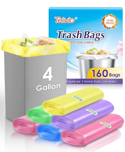 Teivio Small Trash Bags 4 Gallon 160 Counts Clear Colorful Garbage Bags, Bathroom Trash Can Bin Liners, Plastic Bags for home office kitchen, fit 12-15 Liter, 3,3.5,4.5 Gal, Colorful