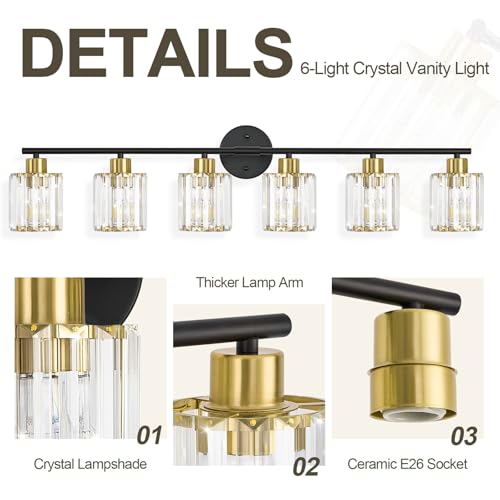 Image of Modern Black Gold Crystal Bathroom Light Fixtures,6-Light