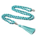 COLORFUL BLING Handmade 8MM Semi-precious Stone Beaded Natural Wood Mala Beads Long Tassel Fringe Pendant Necklace for Women Men Prayer Tibetan Jewelry (Turquoise)