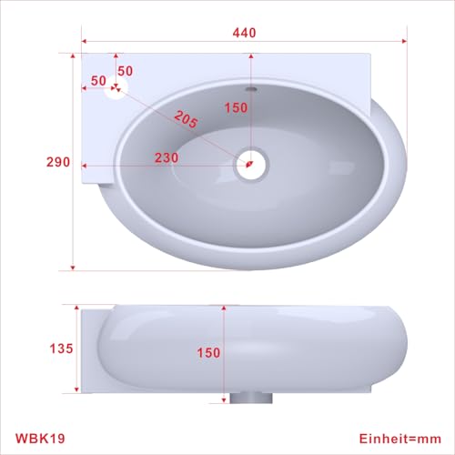 Waschbecken Keramik Waschtisch Hängewaschbecken klein Handwaschbecken Weiß Eckig-Oval 44 x 29 cm Badezimmer Gäste WC | Hahnloch Links | Überlauf | Stockschrauben | OHNE Wasserhahn | OHNE Ablaufventil