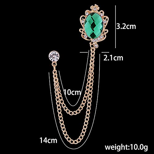 Image of Vintage Gemstone Chain Brooch Pin,Rhinestone Long Chain Tassel Suit Pin Zircon Oval Gem Lapel Pin Jewelry for Women Men