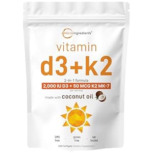 Micro Ingredients Vitamin D3 2,000 IU + K2 MK-7 50 mcg, 300 Softgels | Virgin Coconut Oil | 2-in-1 Support | Easy to Swallow, Non-GMO