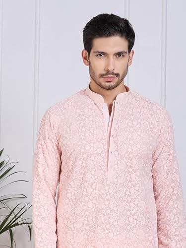 Image of Rajubhai Hargovindas Men Pure Cotton Chikankari Embroidered Straight Kurta