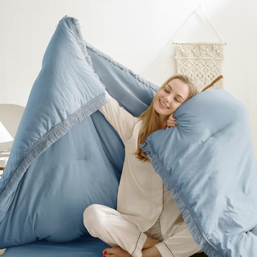 Image of Andency Grayish Blue Comforter Set Full Size, 3 Pieces Boho Tassel Lightweight Bedding Comforter Sets, All Season Soft Fluffy Fringe Bed Set (79x90In Comforter & 2 Pillowcases)