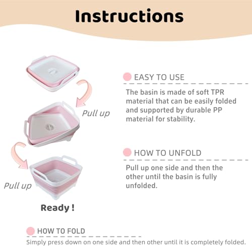 Image of GIMWA Collapsible Wash Basin for Baby Bottles - 2.4 Gallons Portable Wash Bin for RV Camping Sink, Space-Saving Dish Tub (Pink)