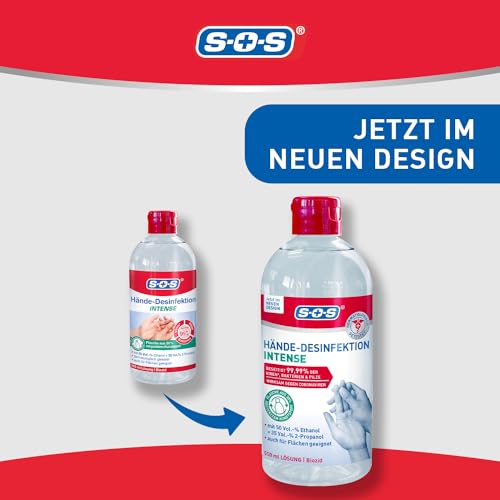 SOS Hände-Desinfektion Intense (1x 500ml) - beseitigt 99,99% Bakterien, Pilze & Viren - desinfiziert Gegenstände, Flächen & Hände - frei von Parfüm - für Allergiker geeignet