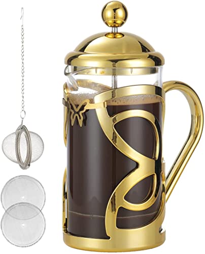 MeelioCafe French Press 350 ml Kaffeepresse und Teebereiter aus hitzebeständigem Borosilikatglas, Geschenkset mit Tee-Ei und zwei Filtersieben, Gold Cover