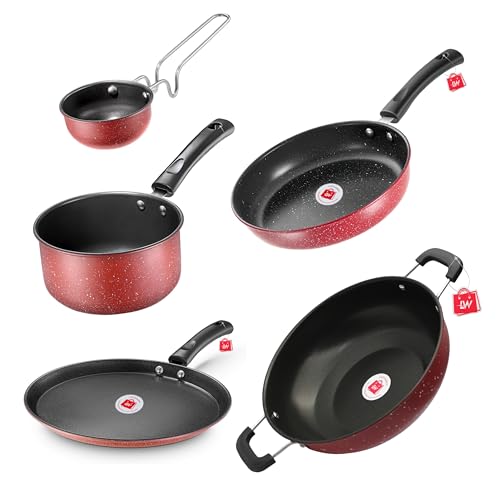 Image of LAZYwindow 5-Piece Nonstick Cookware Set | 25cm Dosa Tawa, Deep Kadhai, Fry Pan, 1.5L Sauce Pan & Tadka Pan with Maroon Base | Heavy-Duty Induction Friendly Kitchen Combo | Works on Gas & Induction