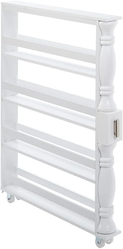The Lakeside Collection Slim 4 Tier White Wooden Storage Rack Cart on Wheels for Small Spaces, Kitchen, Bathroom Laundry Room Organization