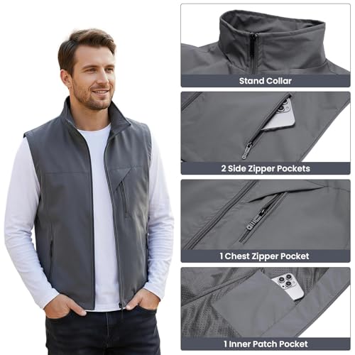 Image of Mens Vests Outerwear Windproof Lightweight Softshell Sleeveless Jacket | Breathable Zip Up Multi-Pockets Quick Dry Sports Vest for Golf Hiking Fishing Running