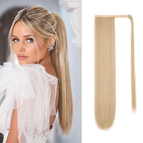 Isaic Long Straight Ponytail Extension Wrap Around Ponytail Clip in Hairpiece 24 Inch Synthetic Hair Extensions for Women (M27/613, 150g)