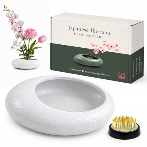 Japanese Flower Frog Vase Set White Ceramic