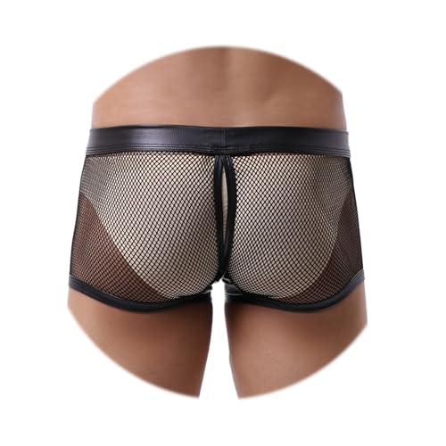 Evankin Men's See Through Sexy Mesh With Faux Leather Loose Shorts Pants Erotic Clubwear Button Removable Pouch4