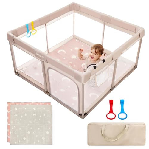 Image of Joypony Baby Playpen with Mat, 50x50 in Small Play Pen for Babies, Toddler Playpen for Apartment, Indoors Play Yard with Soft Breathable Mesh (Beige with Mat)