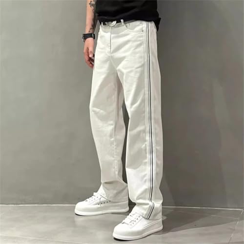 Men Ummer Thin Loose Striped Pants Straight Cylinder Design Trendy Loose White Jeans3