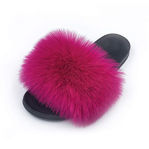 Image of Women's Faux Fur Slides Slippers Fluffy Fuzzy Sandals Open Toe Furry Slide Flip Flop Indoor Outdoor