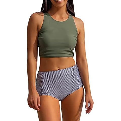 Women Athletic Two Piece Swimsuits Sports High Waisted Bathing Suit Crop Tops Bikini Set Tummy Control Tankini, Alpine green strap tankini, Small Cover