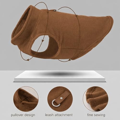 Image of JACKO & CO - Fleece Vest Dog Sweater with Leash Ring - Soft, Warm & Lightweight Pullover Coat for Small & Medium Dogs, Puppies & Cats - Cozy Fall /Winter /Spring Pet Jacket (Chocolate Brown, S (4-6lbs)