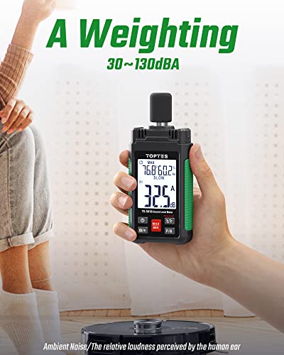 Image of Decibel Meter, TopTes TS-501B Sound Level Meter with 2.25 inch Backlit LCD Screen, A /C Weighted, Range 30-130dB, Temperature & Humidity, MAX /MIN, Data Hold, Use for Home, Noisy Neighbor, Factory - Green