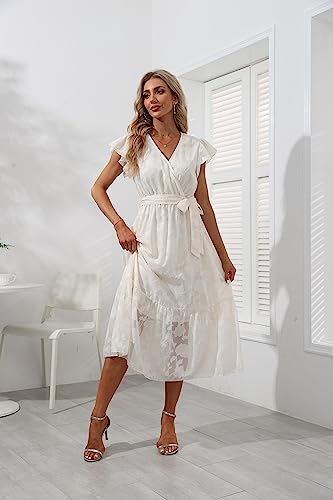 Image of VintageClothing Womens Sundress Casual Floral Summer Boho Dress | Flowy Wrap V Neck Ruffle A-Line Pleated Hem Midi Dresses