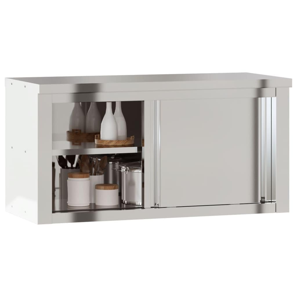 Küchen-Wandschrank mit Schiebetüren Edelstahl Küchenschrank mit Ablagen Wandmontage,Gastro Hängeschrank Schrank,92 x 40 x 46 cm (mit Tür)