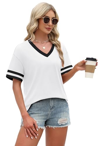 Image of WIHOLL Womens T Shirts Loose Fit Short Sleeve Tees V Neck Color Block Summer Tops 2026 Fashion S-4XL
