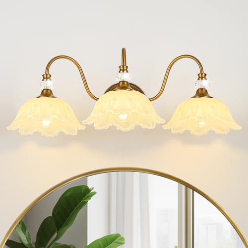 Image of Vintage Bathroom Vanity Light, 3-Light Matte Brass Finish Vanity Light with Floral Yellow Glass Shades, Retro Wall Sconce for Bathroom, Dressing Table