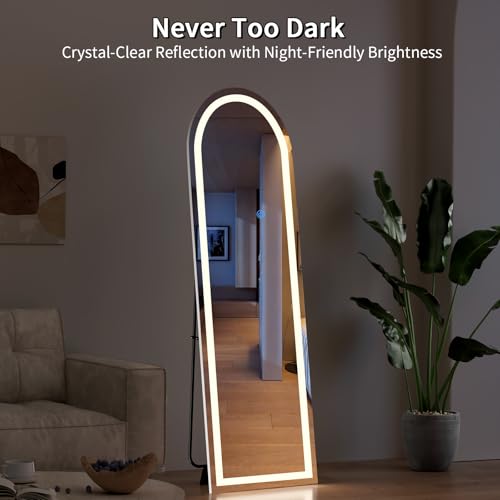 Image of Koonmi LED Arched Full Length Mirror, 63 inchx20 inch Full Length Mirror with Lights, Lighted Floor Mirrors with Stand, Full Body Mirrors with Dimming & 3 Color Lightingfor Living Room Cloakroom, White