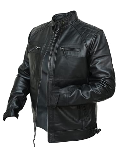 Mens Real Leather Lambskin Biker Jacket - Quilted Zip Up Moto Cafe Racer Rider Men Jackets