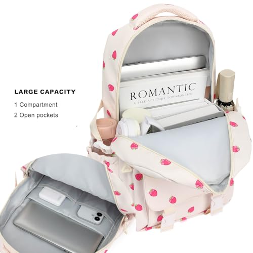 Image of High Middle School Backpack for Girls Travel Kawaii Laptop Kids Bookbag, Strawberry Beige