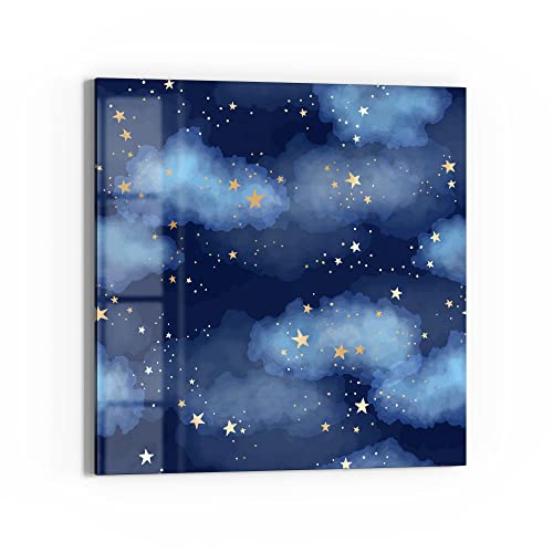 DEQORI Pizarra magnética de cristal, 50 x 50 cm, diseño de cielo estrellado y nubes, pizarra magnética de cristal, incluye imanes, bolígrafo y paño para cocina y oficina, pizarra magnética y grabable